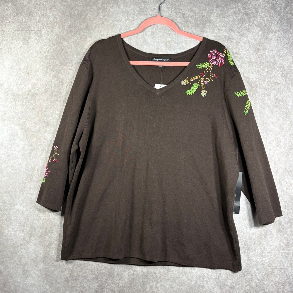 Designers Originals Sweater Womens 2X Brown Knit Embroidered V-Neck‎ Artsy NEW
